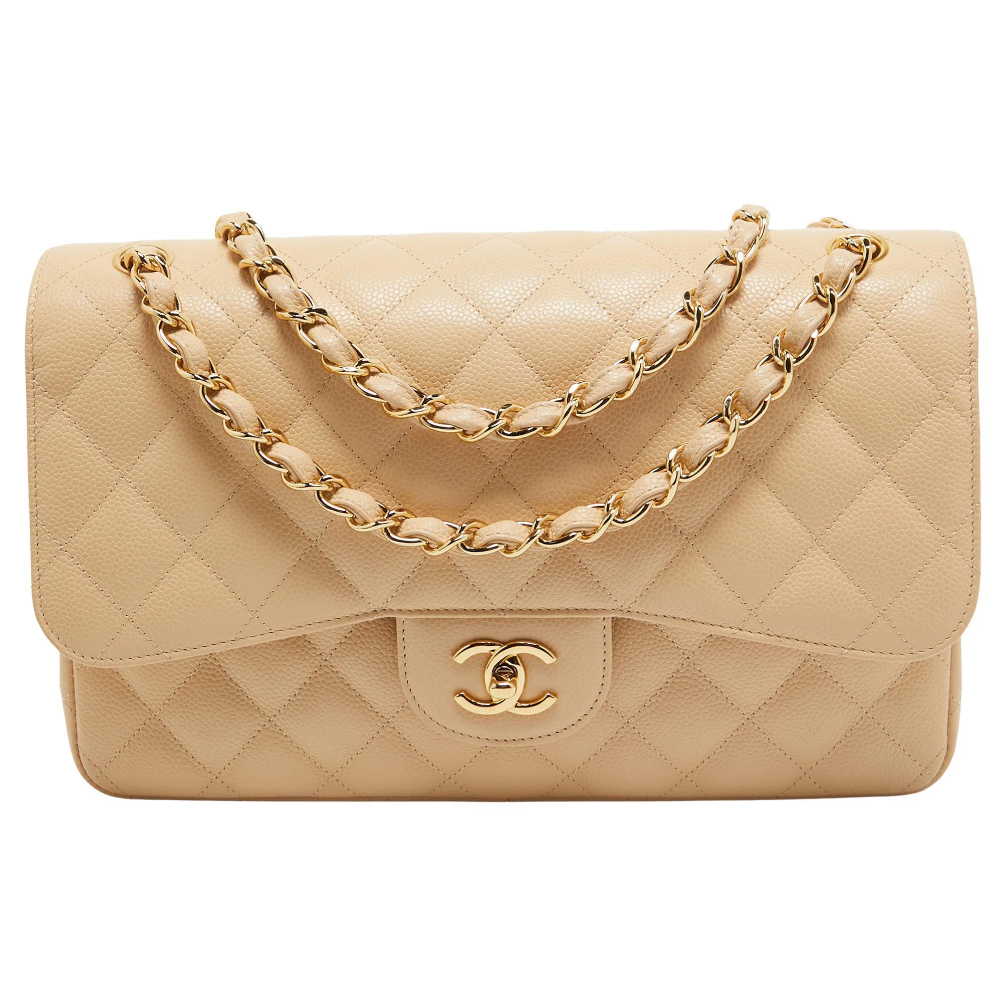 Chanel Light Beige Quilted Caviar Leather Jumbo Classic Double Flap Bag For Sale