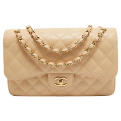 Chanel Light Beige Quilted Caviar Leather Jumbo Classic Double Flap Bag