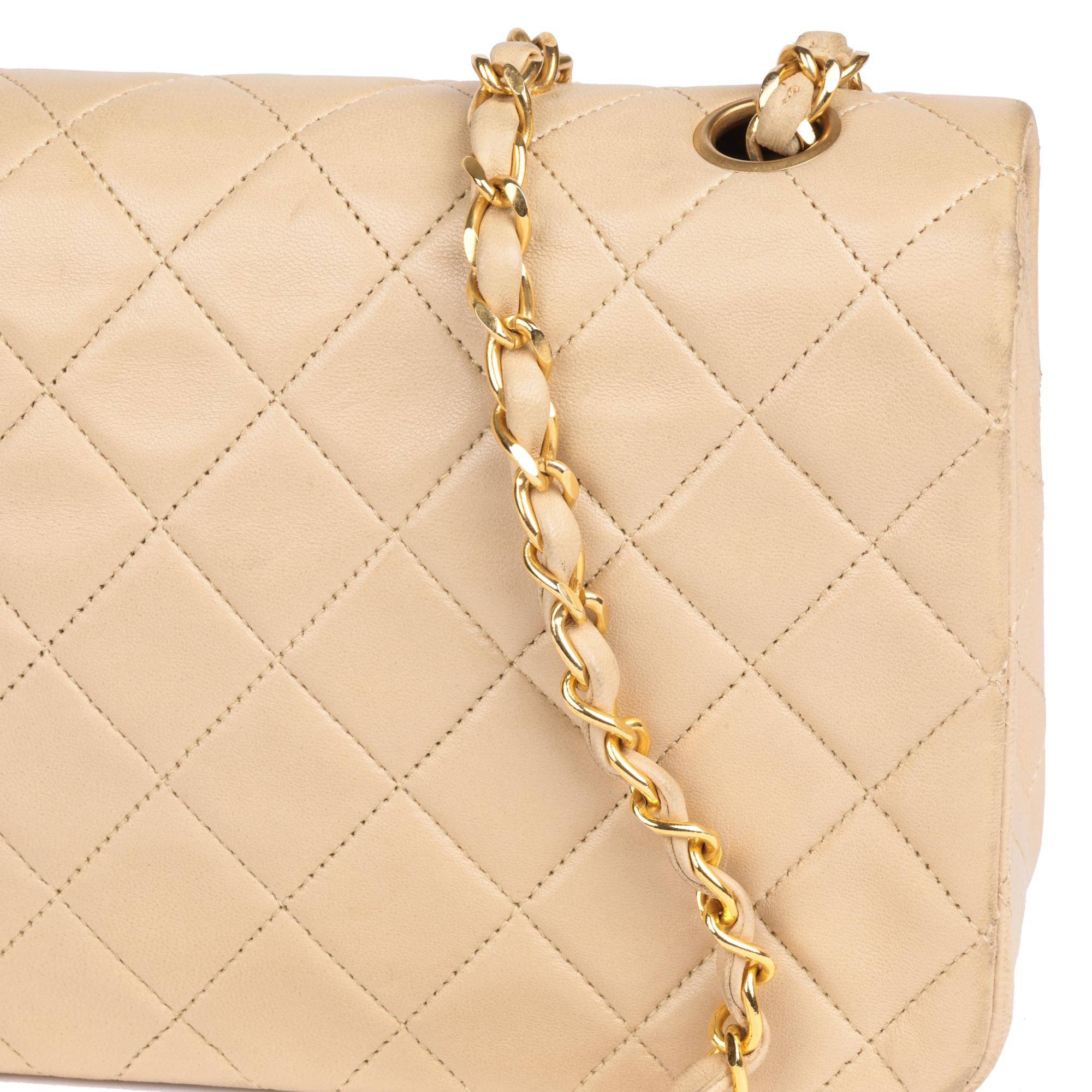 CHANEL Light Beige Quilted Lambskin Vintage Small Classic Single Full Flap Bag For Sale 3