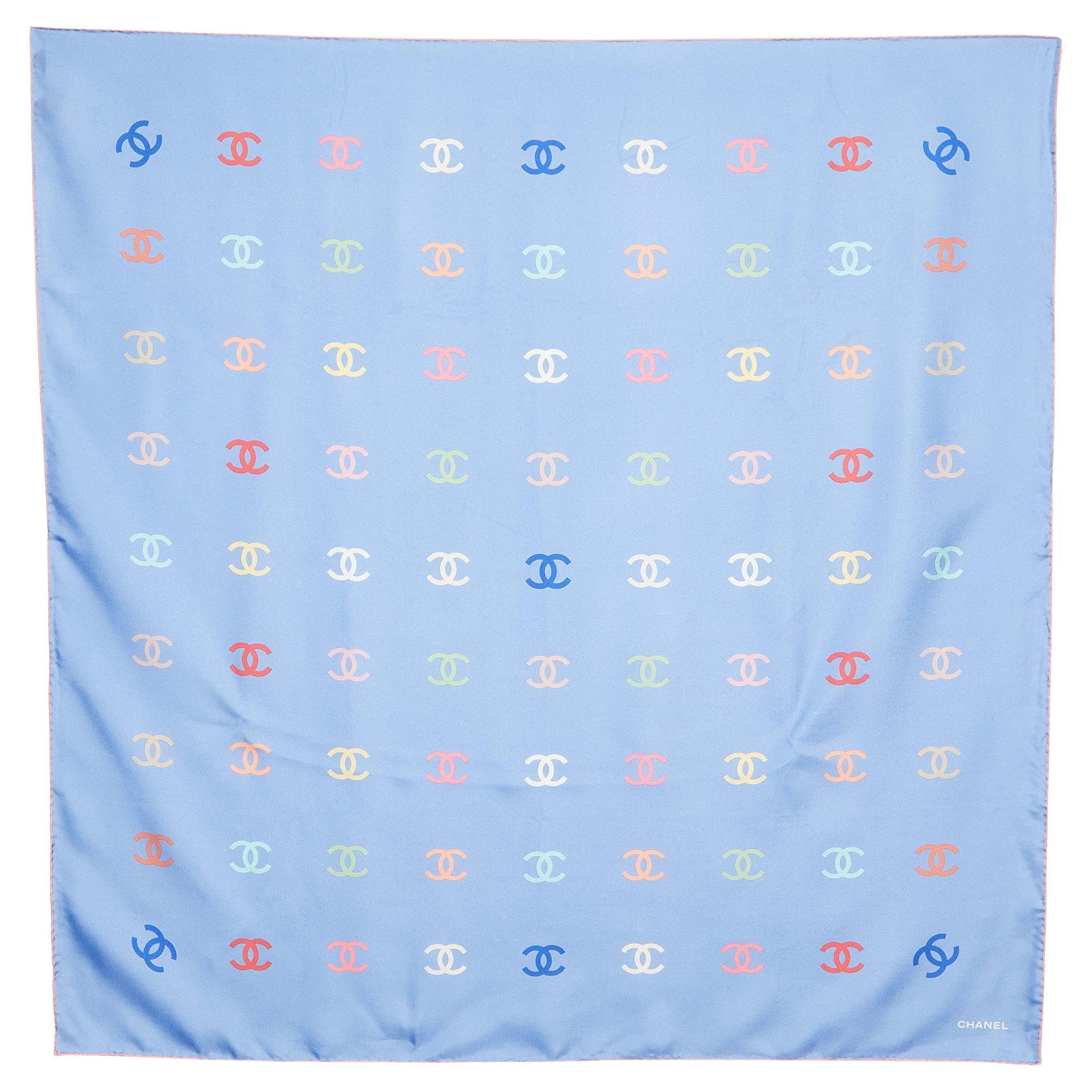Chanel Light Blue All-over CC Print Silk Square Scarf For Sale