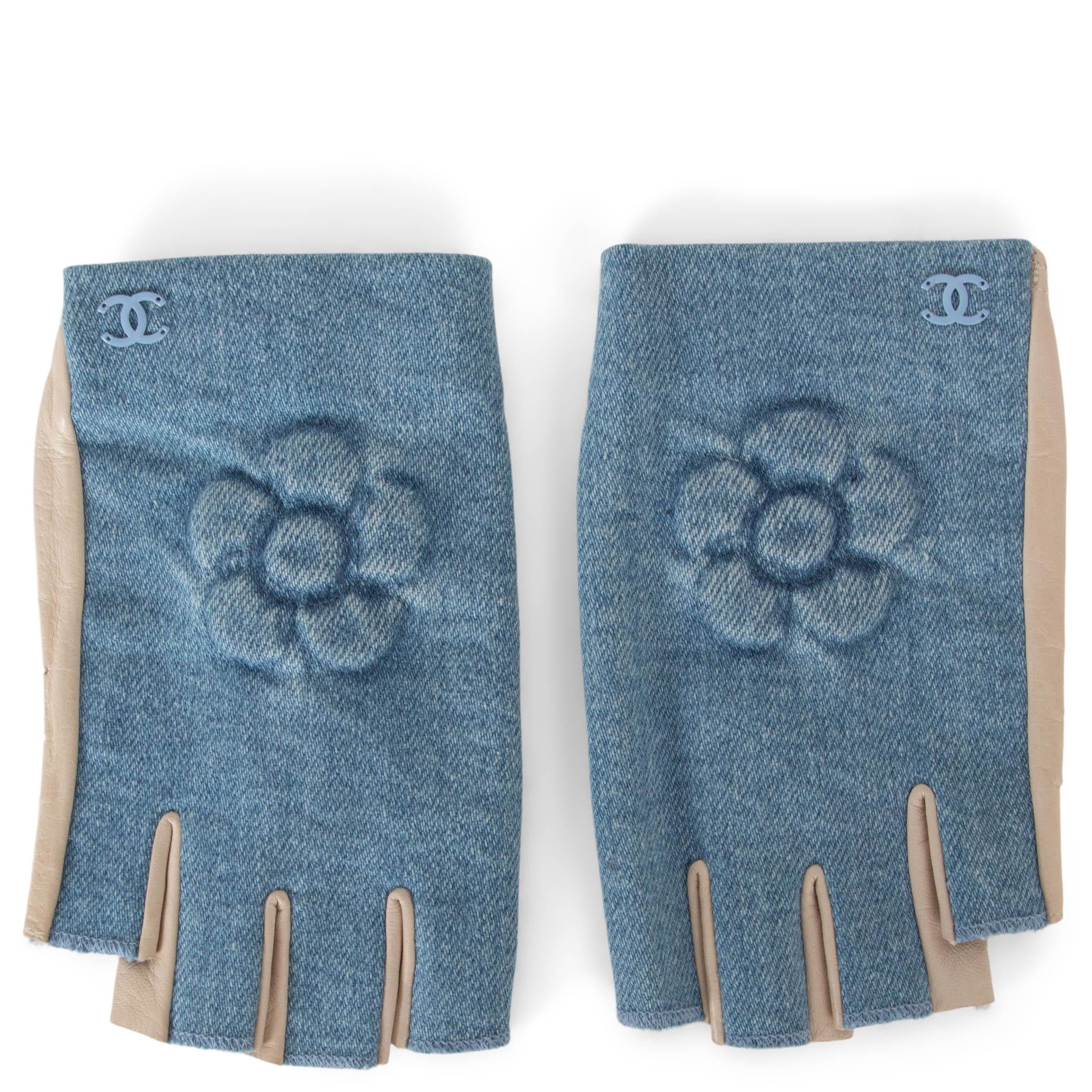 CHANEL light blue & beige CAMELLIA DENIM & LEATHER FINGERLESS Gloves 7.5
