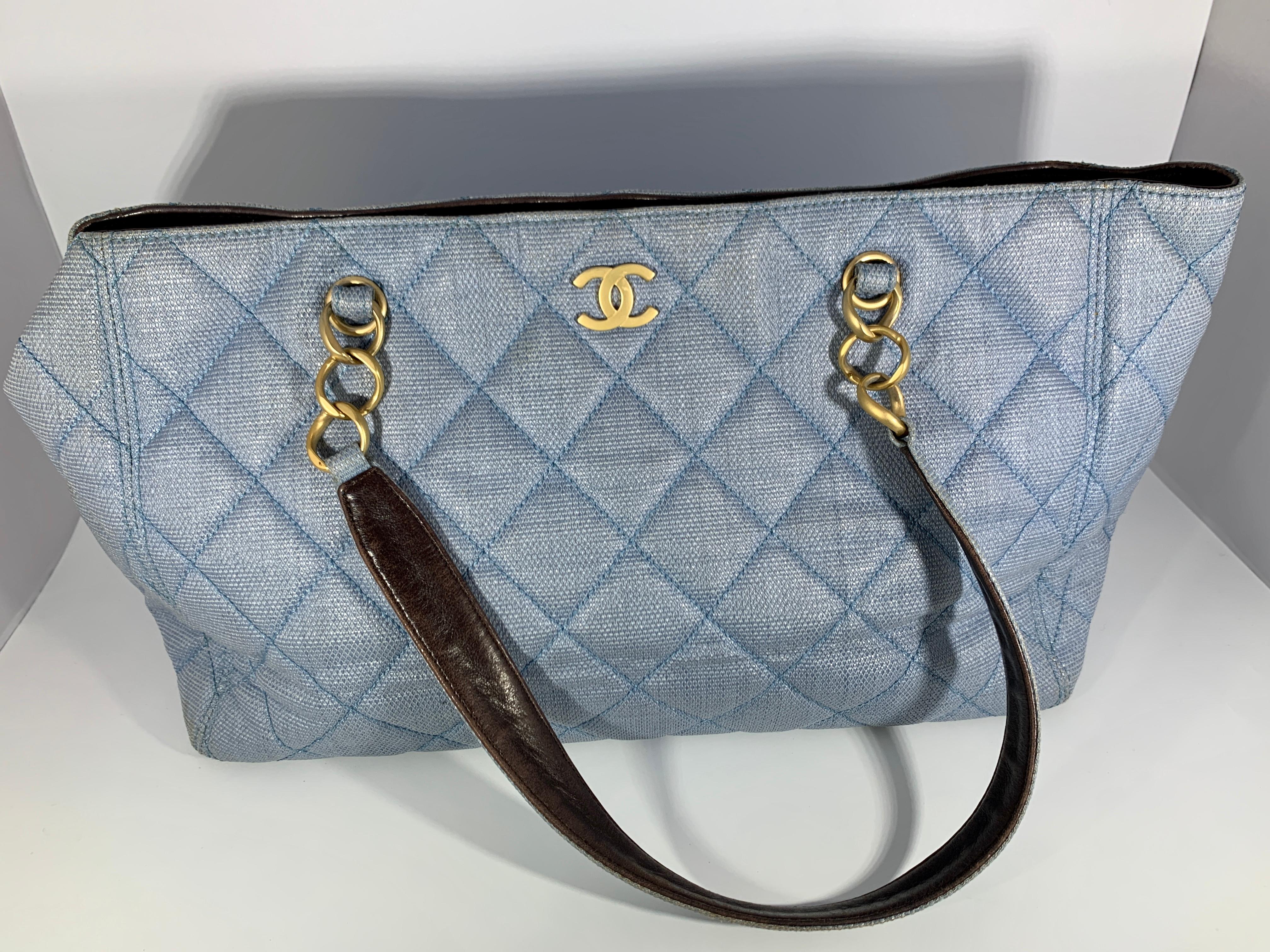 CHANEL Light Blue Canvas CC mark Tote Bag , Pre - Loved, Vintage  In Good Condition In New York, NY