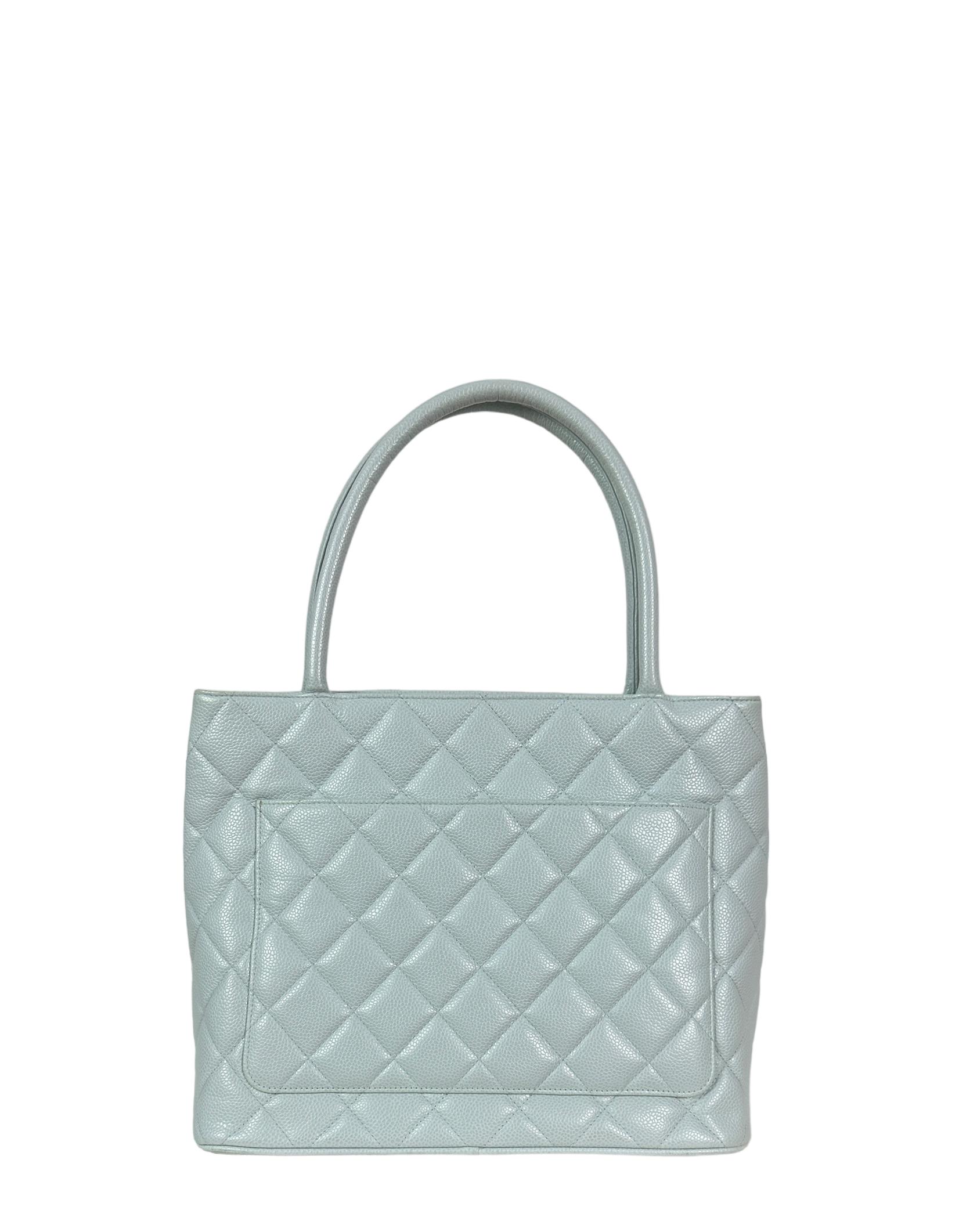 Chanel Light Blue Caviar Leather CC Medallion Tote Bag In Good Condition For Sale In New York, NY