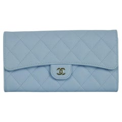 Chanel Light Blue Caviar Leather Quilted Long Flap Wallet