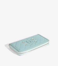 Chanel Light Blue Caviar Quilted Leather CC Filigree Zip Wallet