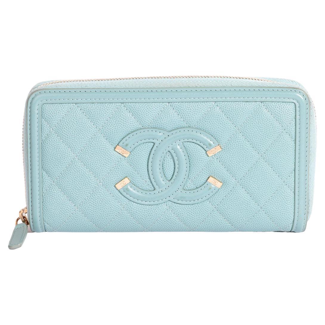 Chanel Light Blue Caviar Quilted Leather CC Filigree Zip Wallet For Sale
