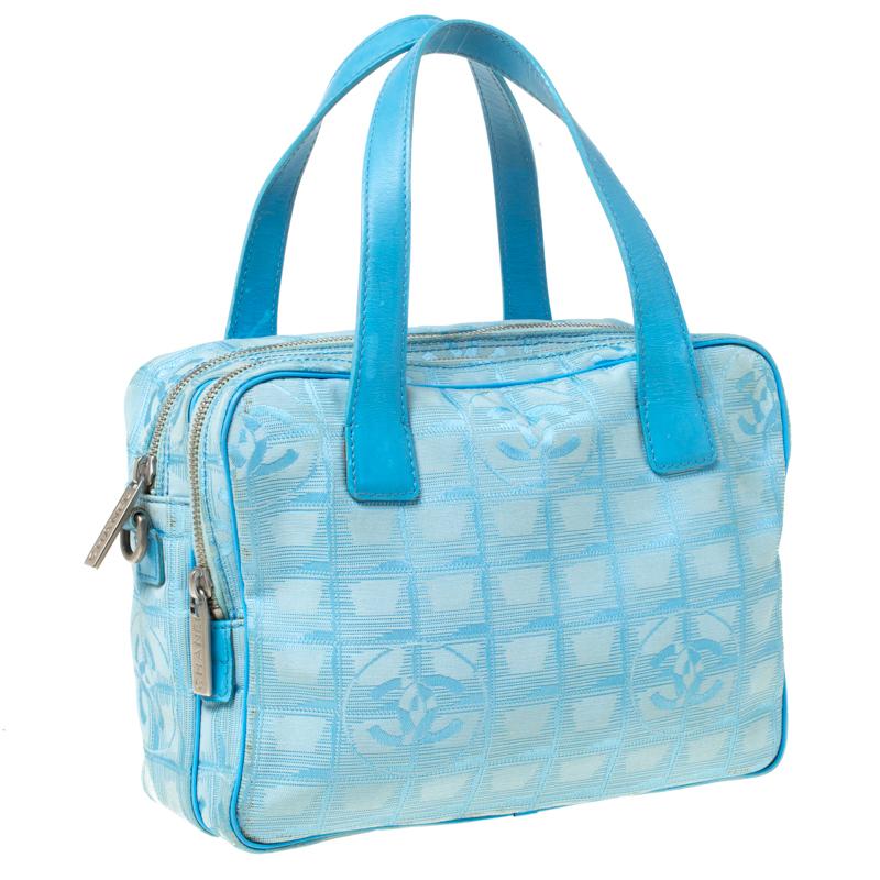 Chanel Light Blue CC Square Quilted Print Fabric Double Zip Bowler Bag In Good Condition In Dubai, Al Qouz 2