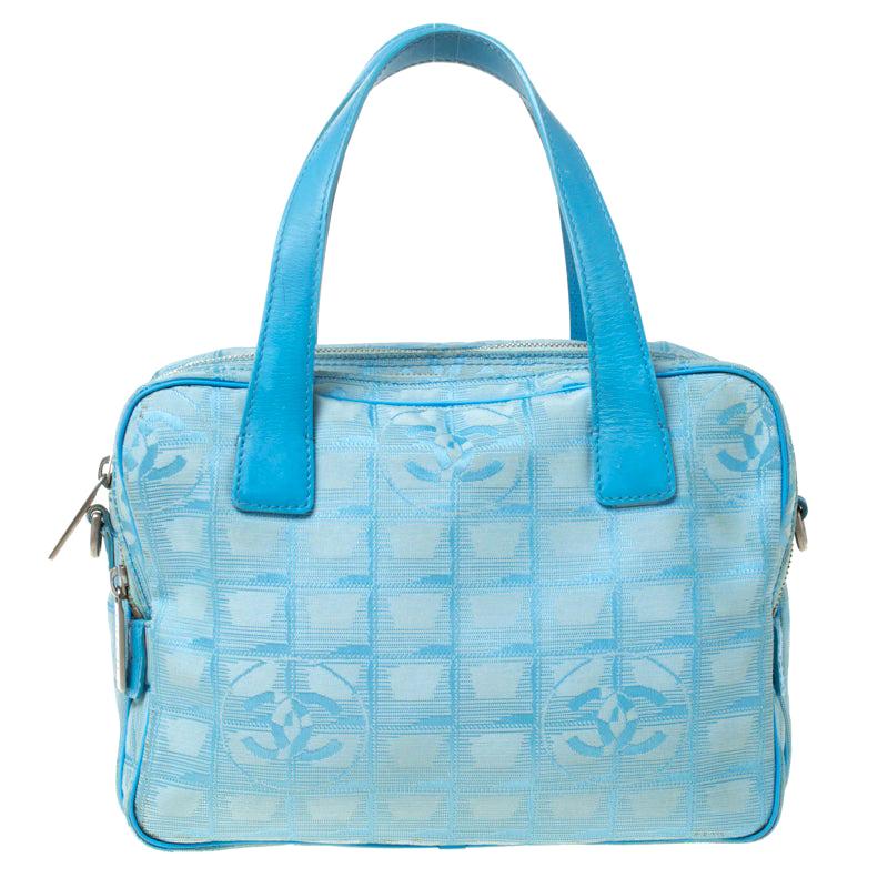 Chanel Light Blue CC Square Quilted Print Fabric Double Zip Bowler Bag