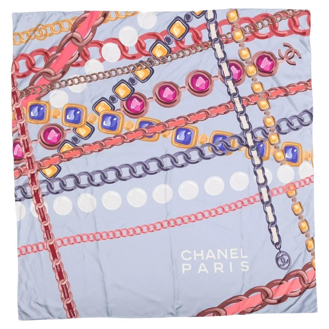 Chanel Light-Blue Chain Motif Silk Scarf