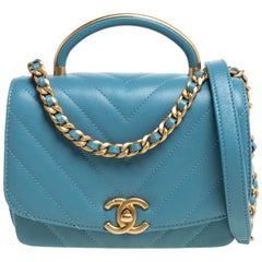 Chanel Light Blue Chevron Leather Small Top Handle Bag