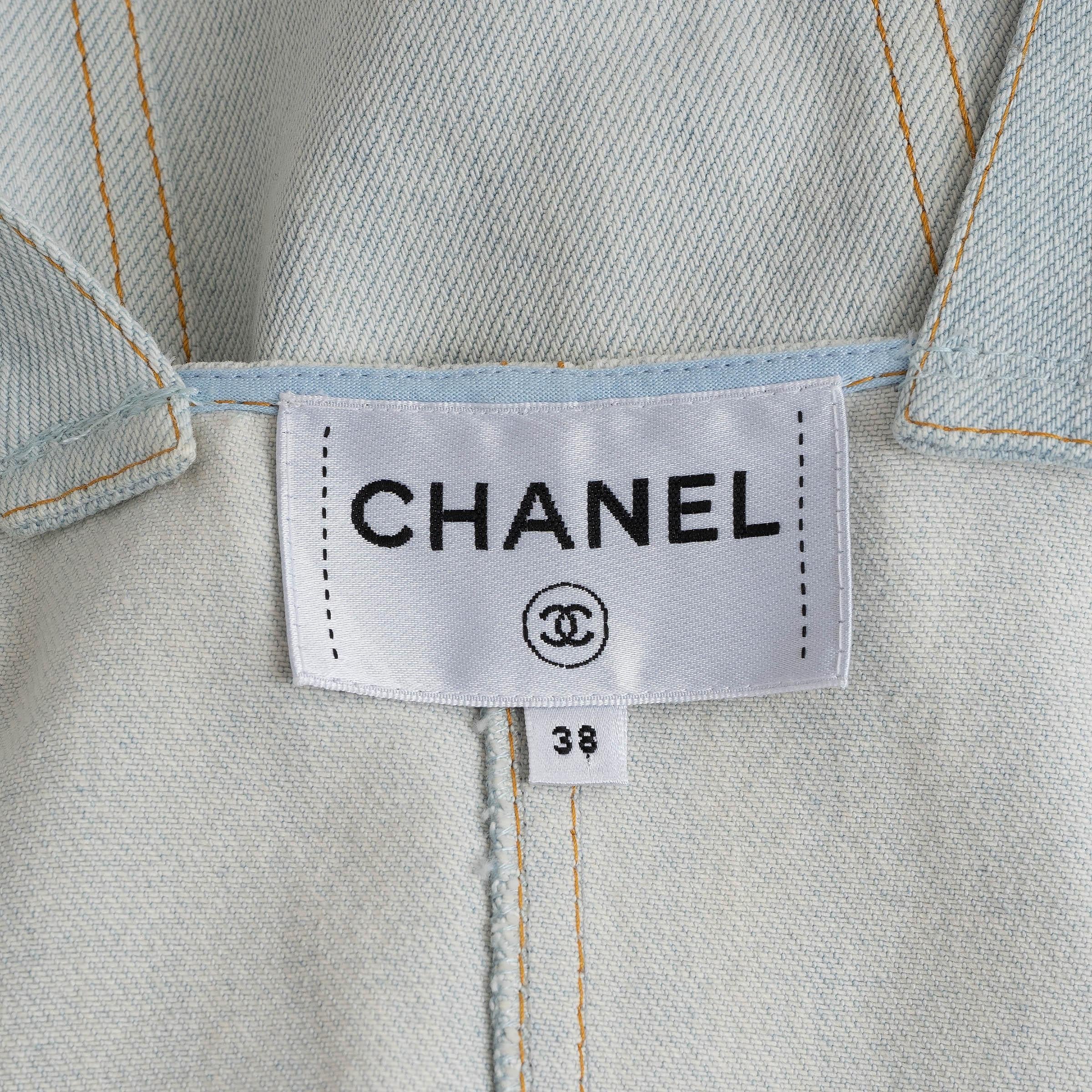 CHANEL light blue cotton 18C GREECE WASHED DENIM Dress 38 S For Sale 2