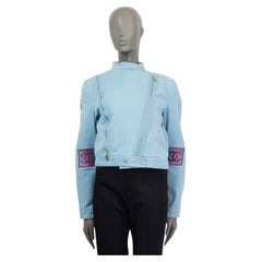 CHANEL light blue cotton 2002 CROPPE DENIM BIKER Jacket 42 L