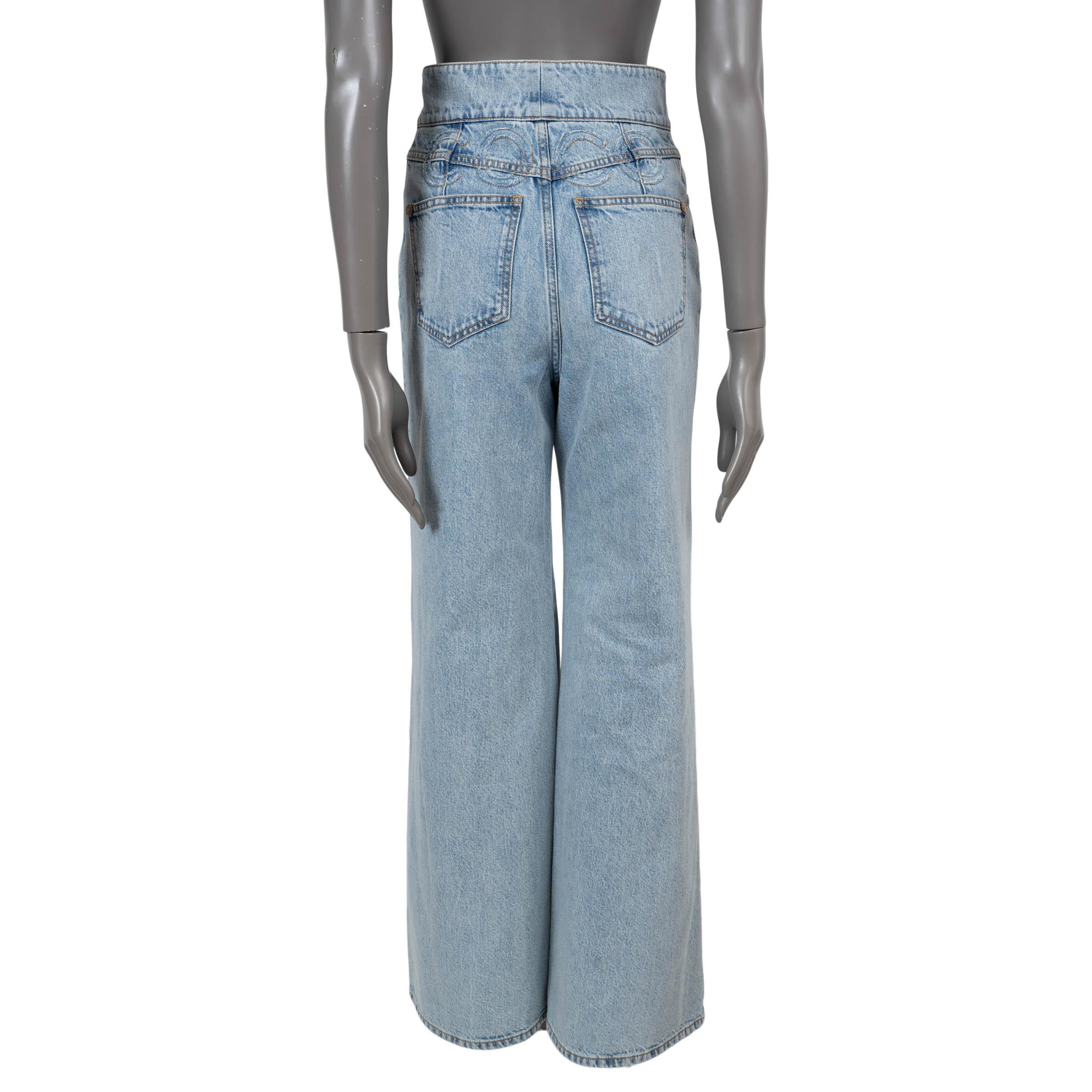Gray CHANEL light blue cotton 20P WIDE LEG JEANS Pants 38 S For Sale