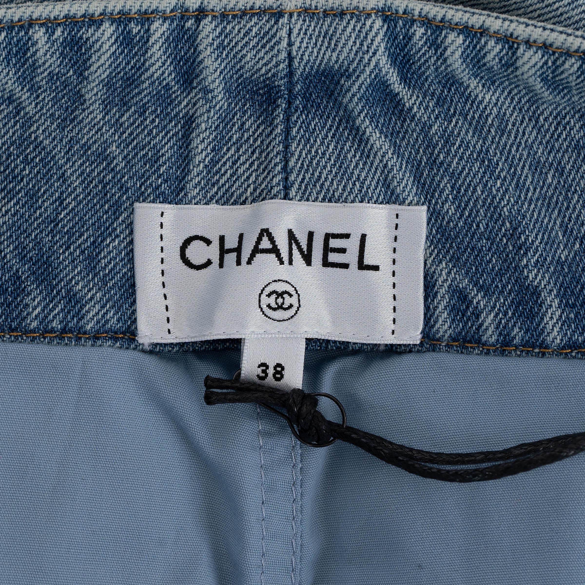 CHANEL light blue cotton 20P WIDE LEG JEANS Pants 38 S For Sale 1