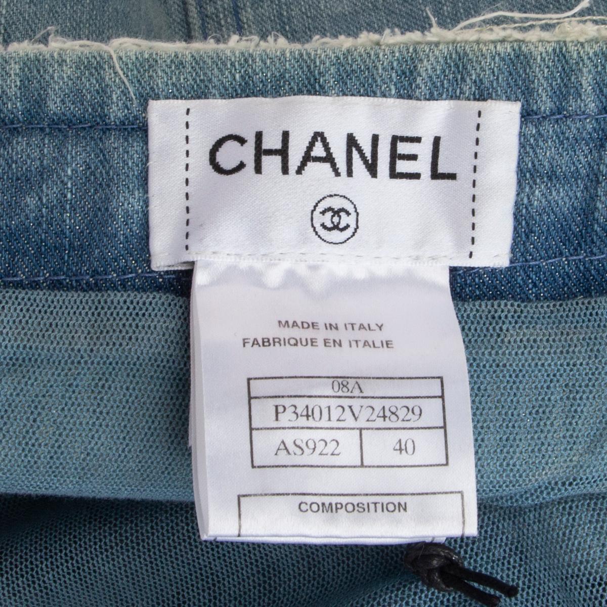 Blue CHANEL light blue DISTRESSED COTTON DENIM MINI Skirt 40 M For Sale