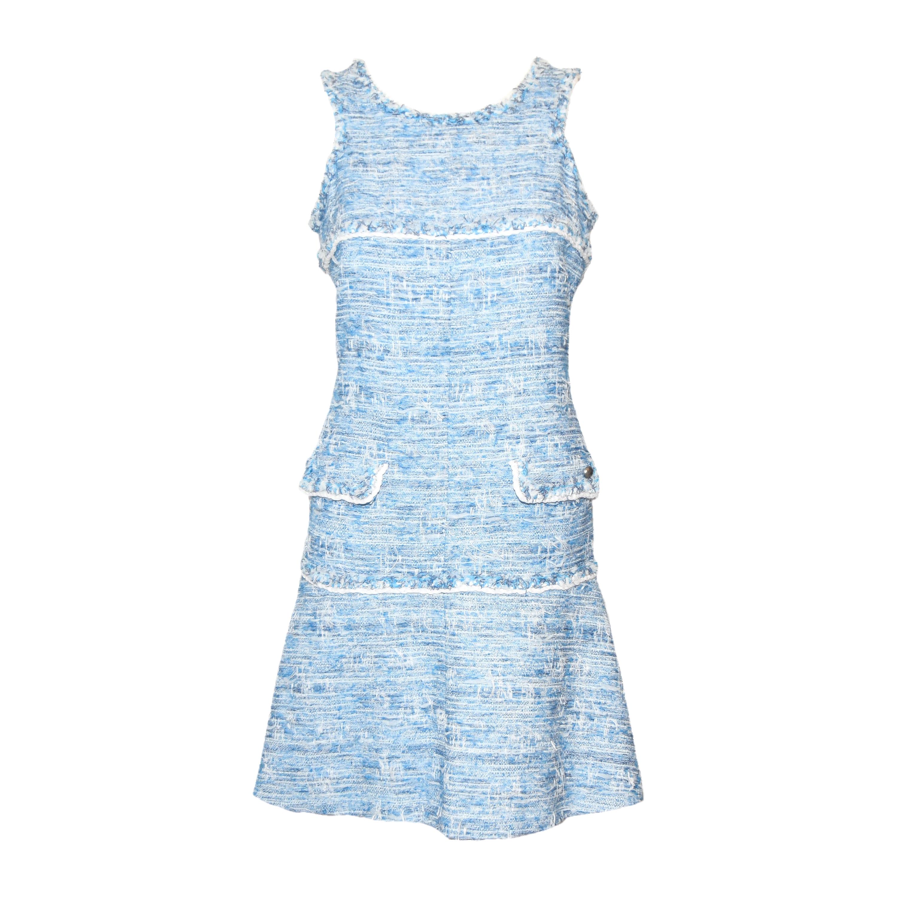 Chanel Light Blue Fantasy Tweed Dress With Scoop Neckline
