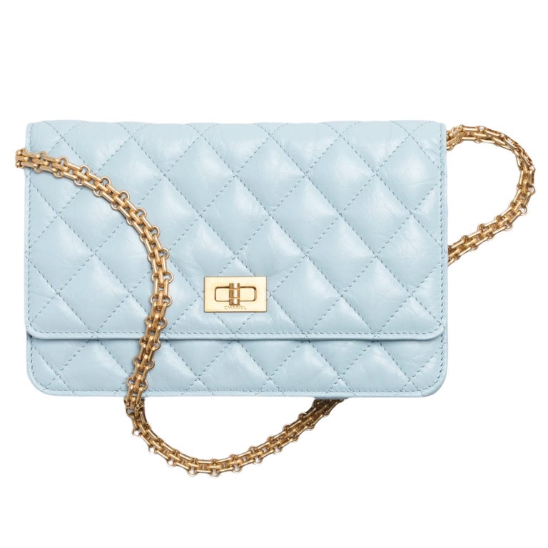 Chanel Light Blue Gold Classic 2.55 Reissue WOC Wallet on a Chain Crossbody  Bag at 1stDibs | blue chanel bag gold chain, blue bag with gold chain, blue gold  chain