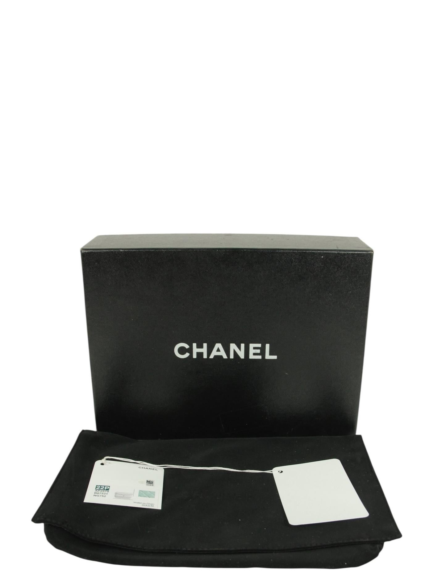 Chanel Portafoglio trapuntato in pelle di agnello blu chiaro con perla e catena WOC Crossbody in vendita 5