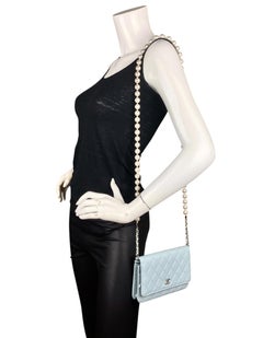 Chanel Light Blue Lambskin Leather Quilted Pearl Wallet On Chain WOC Crossbody