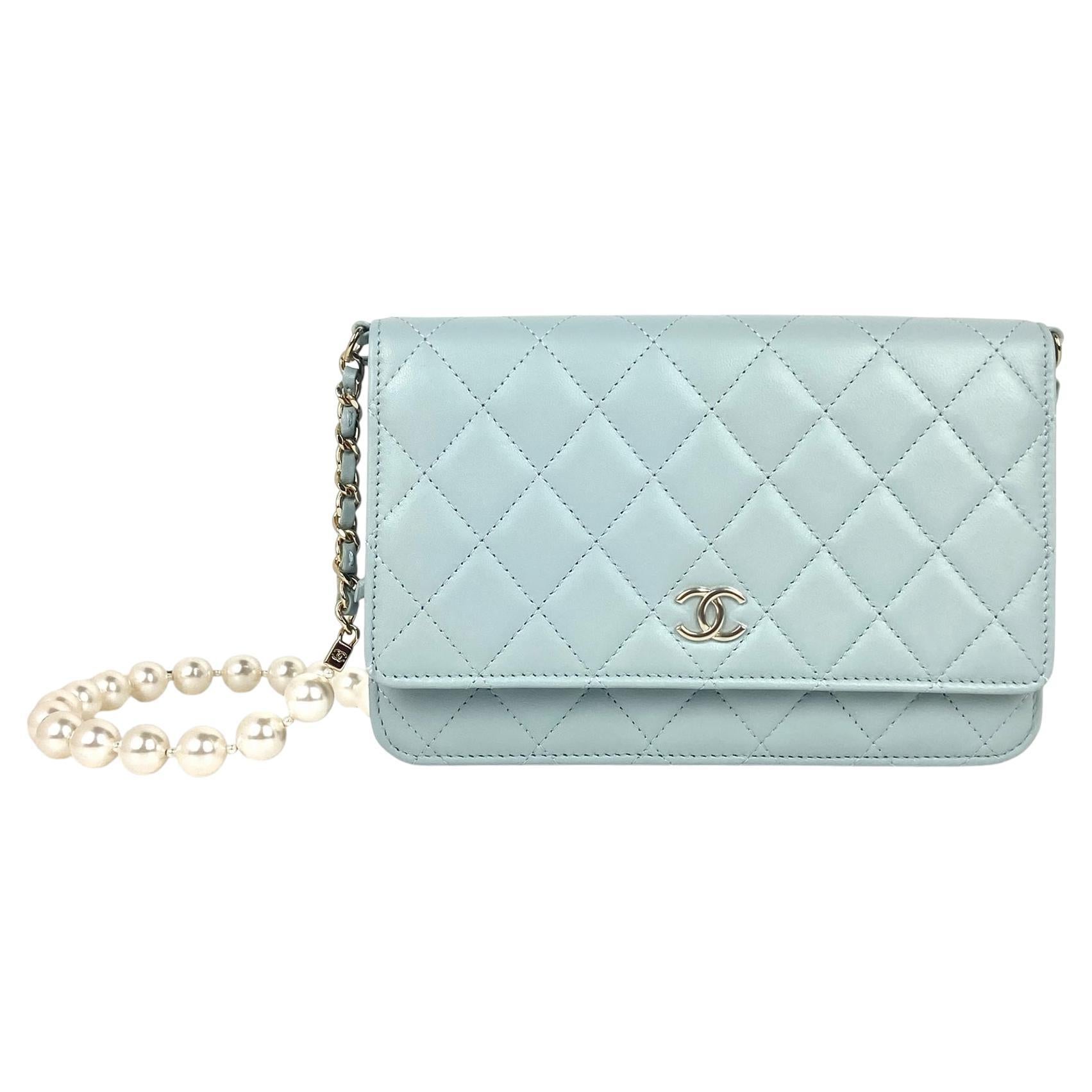 Chanel Light Blue Lambskin Leather Quilted Pearl Wallet On Chain WOC Crossbody