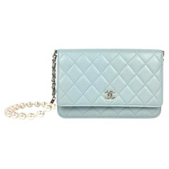 Chanel Light Blue Lambskin Leather Quilted Pearl Wallet On Chain WOC Crossbody