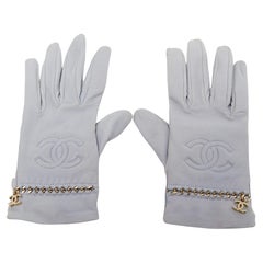 Chanel Light Blue Leather CC Chain Gloves Size 8