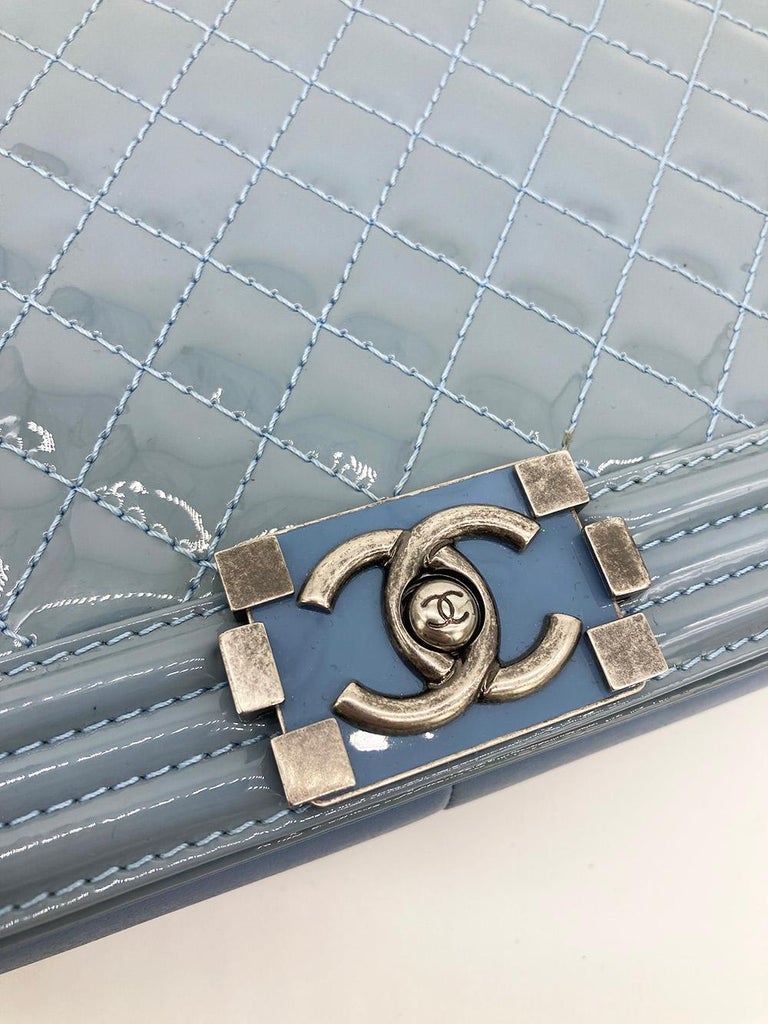 Chanel Light Blue Patent Large Boy Bag For Sale at 1stDibs