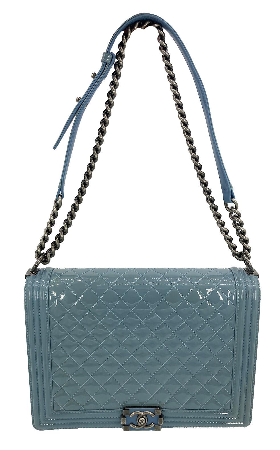 Chanel Light Blue Patent Large Boy Bag  In Good Condition For Sale In Philadelphia, PA