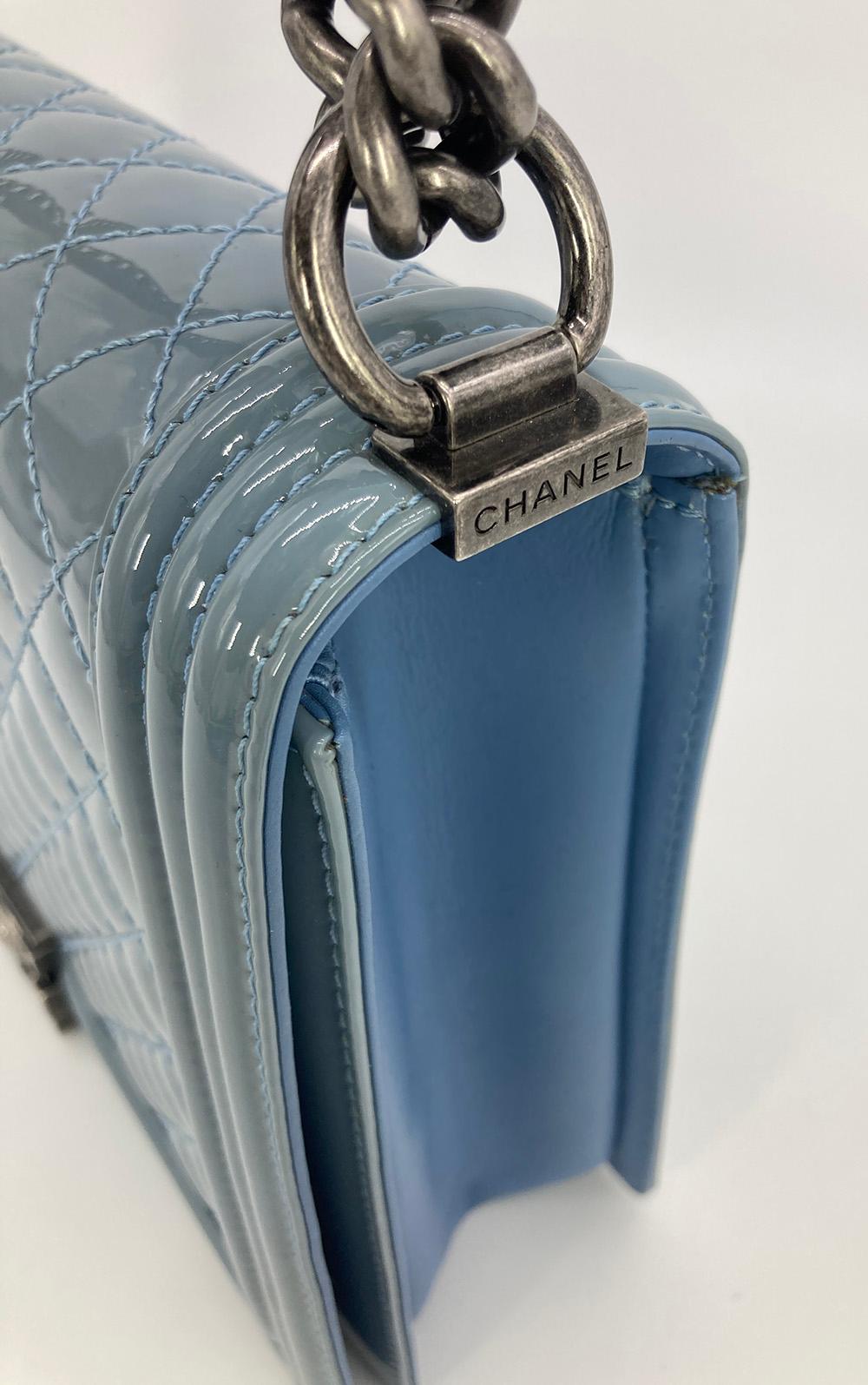 Women's Chanel Light Blue Patent Large Boy Bag  For Sale
