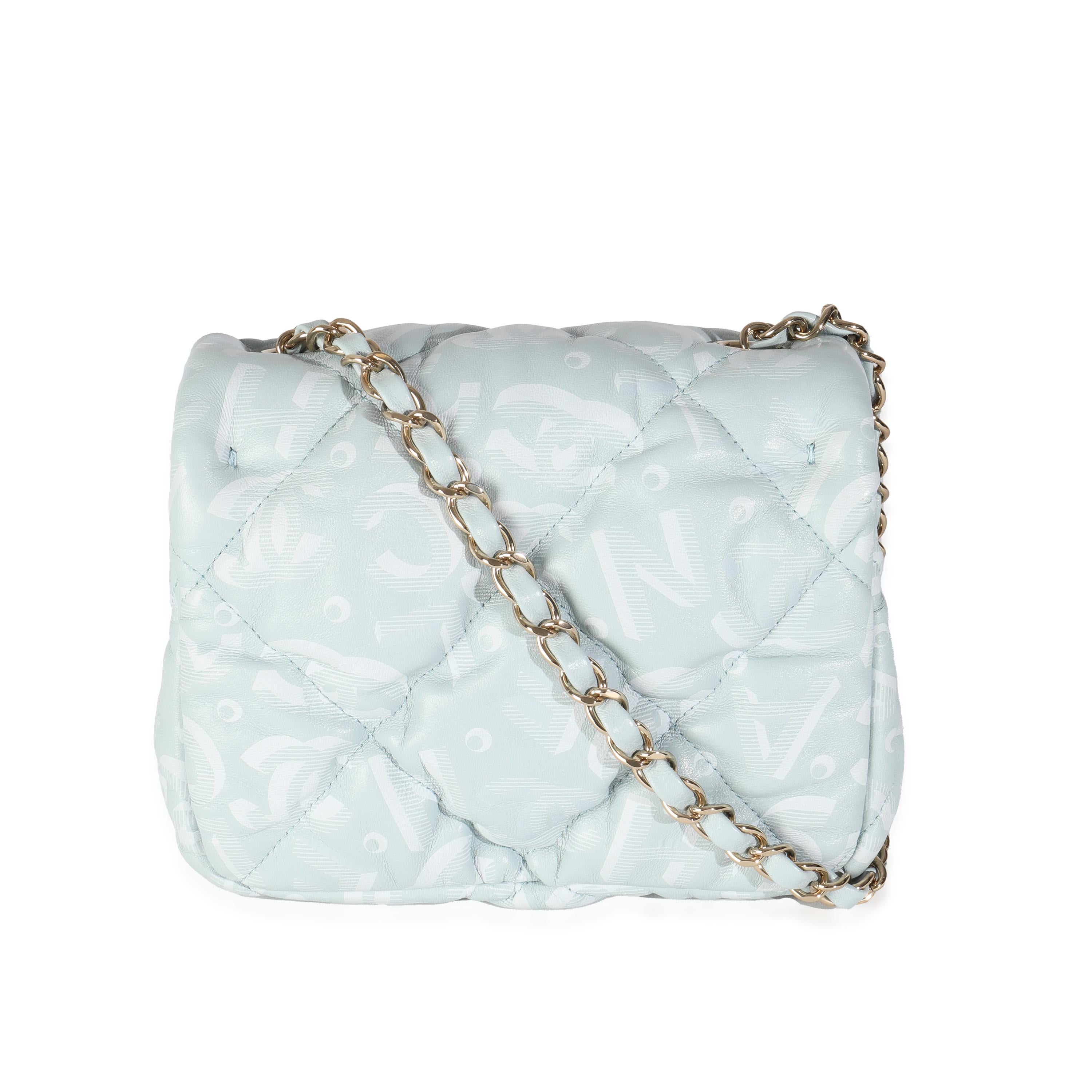 Listing Title: Chanel Light Blue Puffy Lambskin Logo Mini Flap Bag
SKU: 144653
Condition: Pre-owned 
Condition Description: A timeless classic that never goes out of style, the flap bag from Chanel dates back to 1955 and has seen a number of