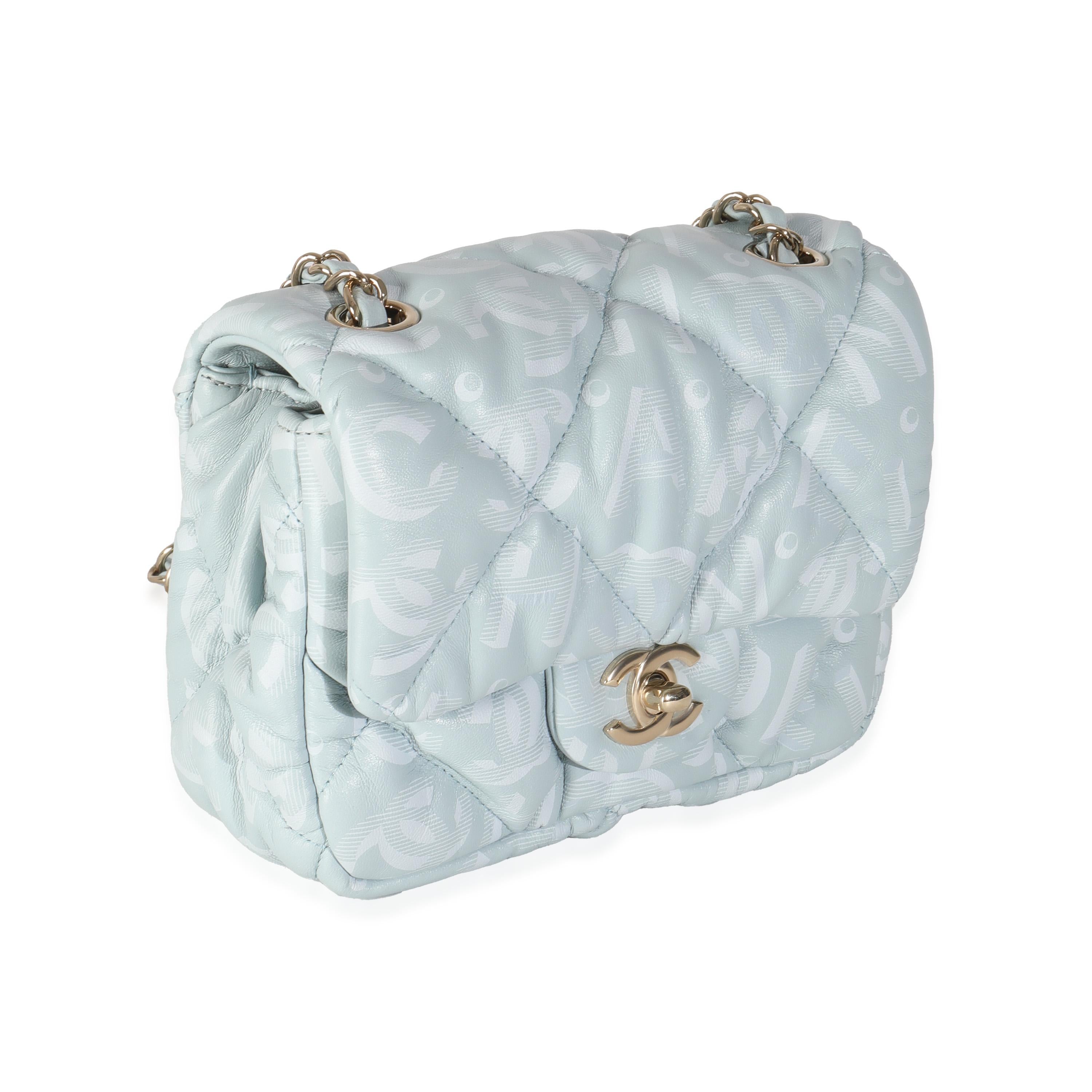 Gray Chanel Light Blue Puffy Lambskin Logo Mini Flap Bag For Sale