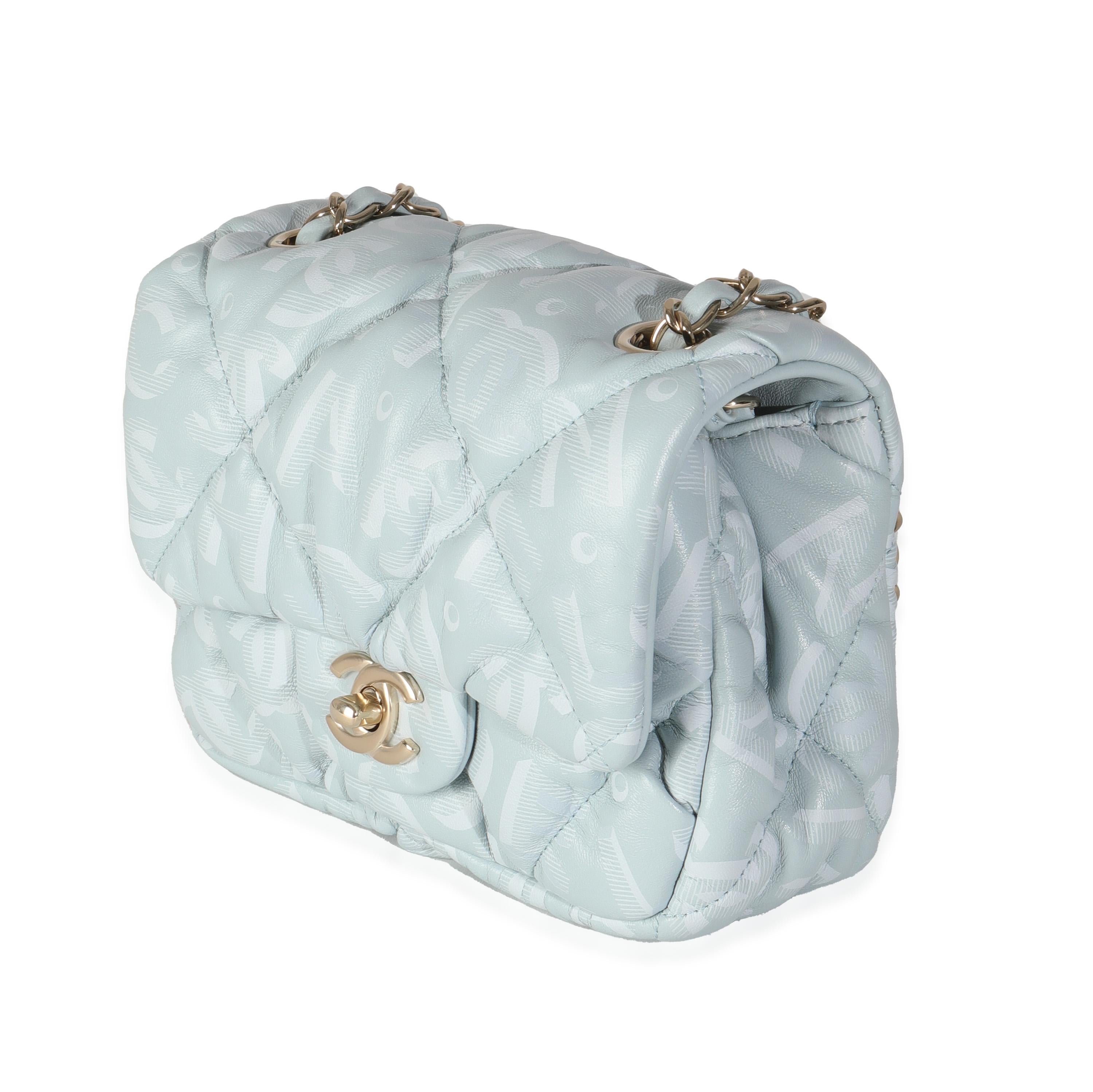 Chanel Light Blue Puffy Lambskin Logo Mini Flap Bag In Excellent Condition For Sale In New York, NY