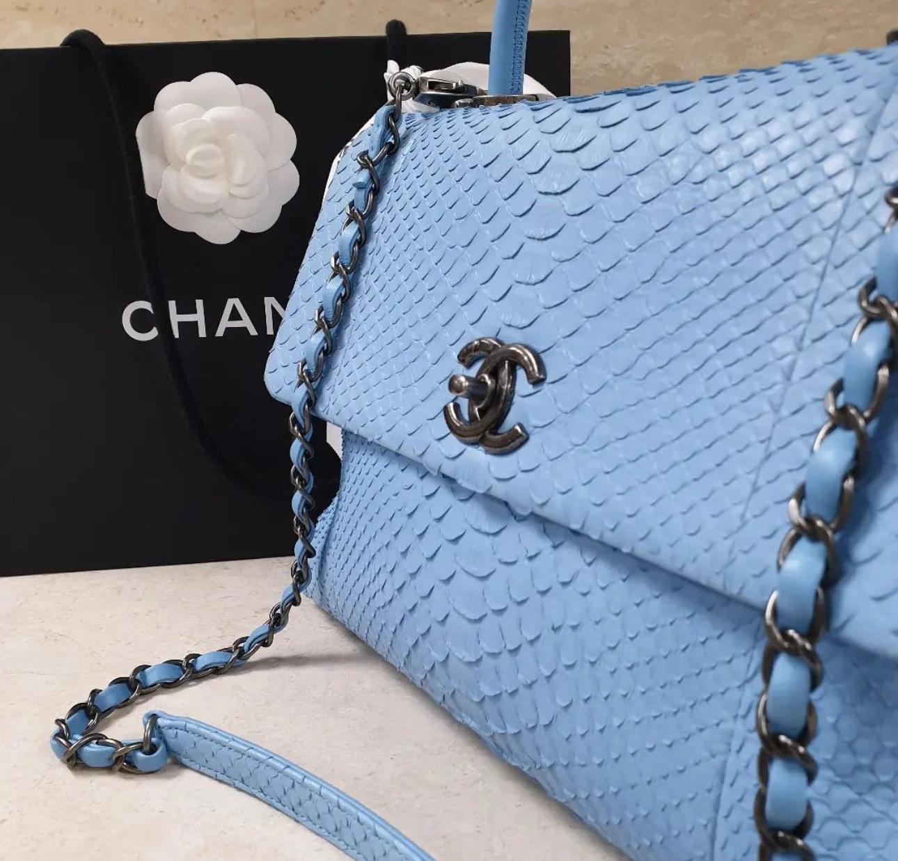 Chanel - Sac à main Coco en python bleu clair à rabat  en vente 5