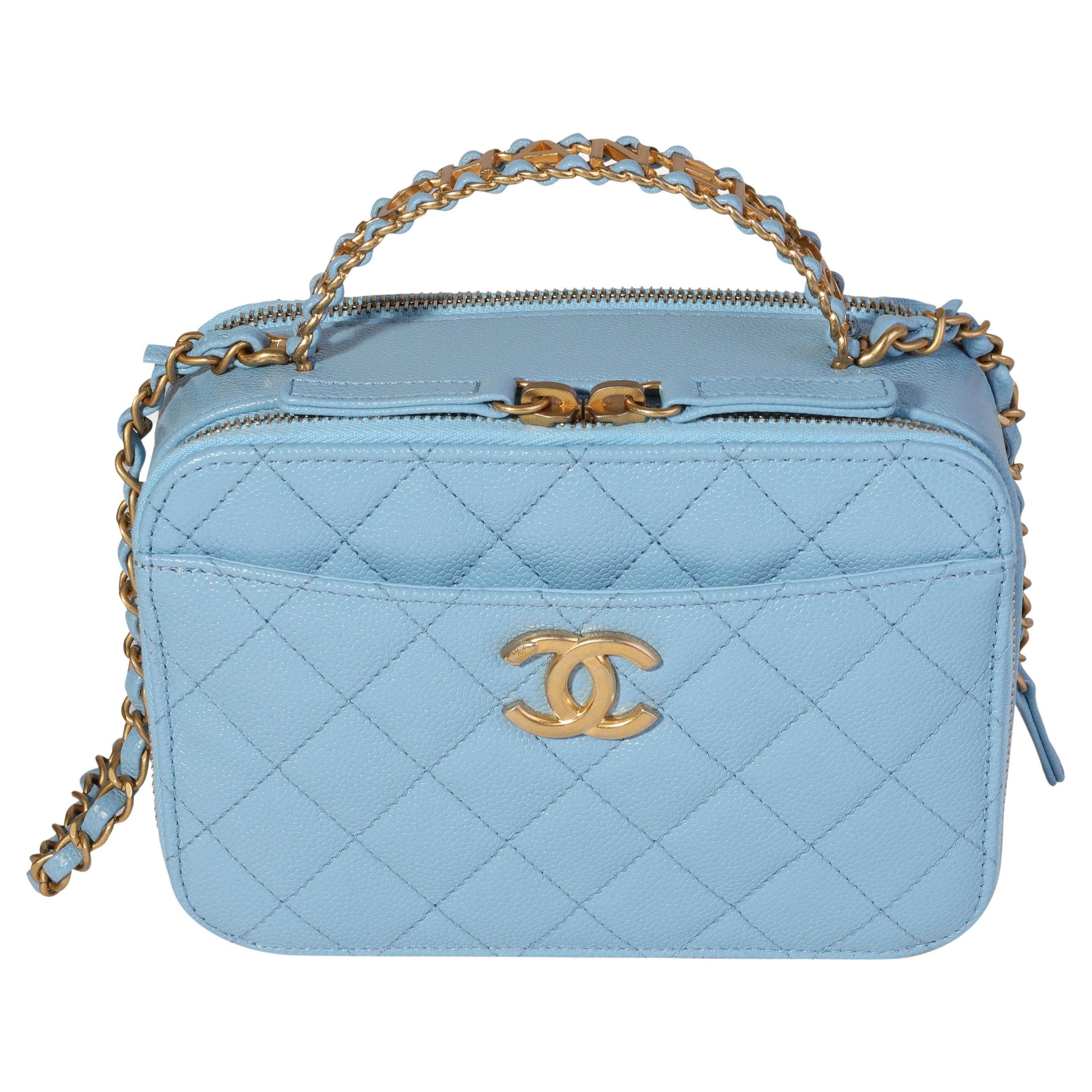 Chanel Light Blue Quilted Caviar Top Handle Vanity Case Sale at 1stDibs | blue chanel vanity bag, chanel vanity case price 2022, chanel vanity case bag