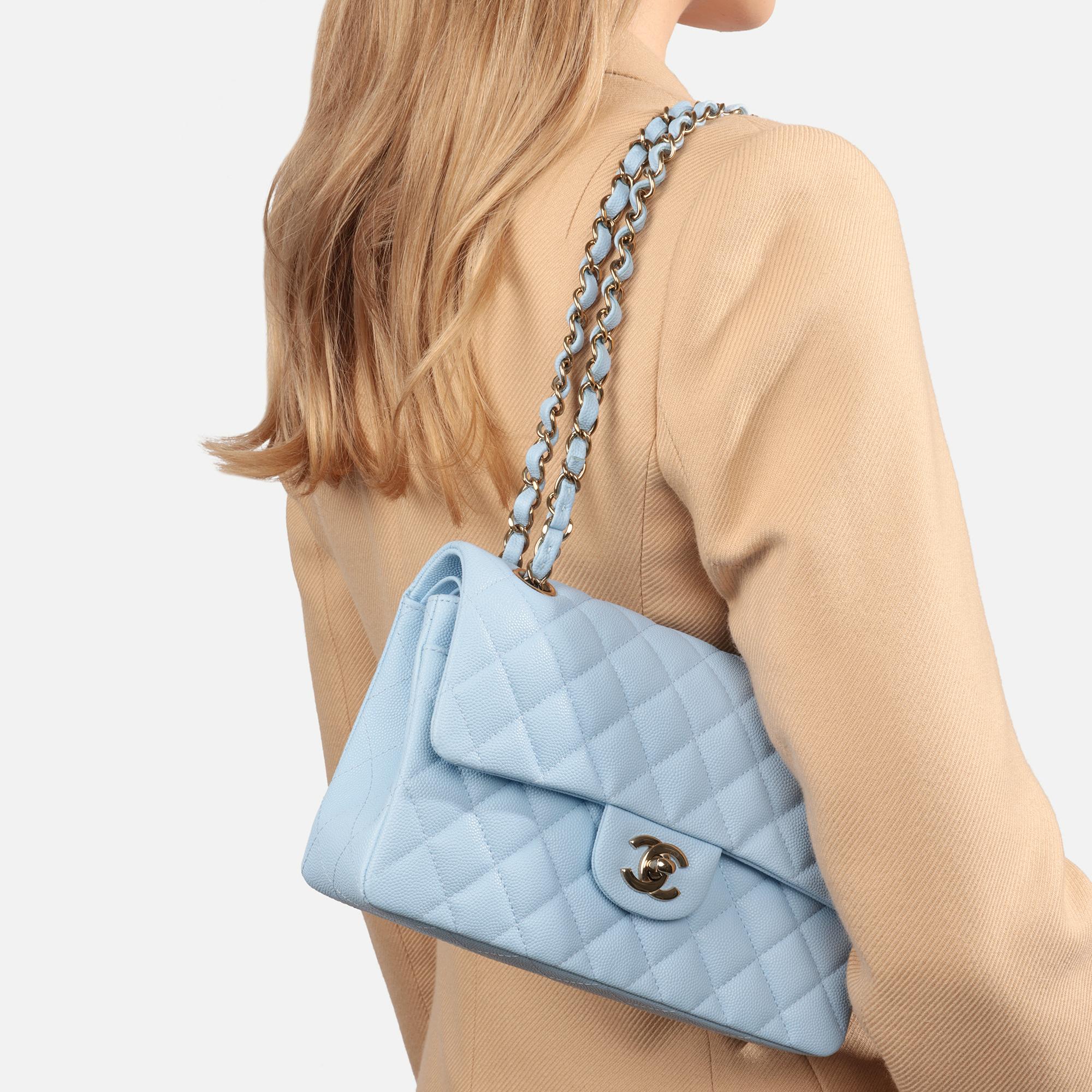 Chanel Light Blue Quilted Caviar Leather Small Classic Double Flap Bag 7