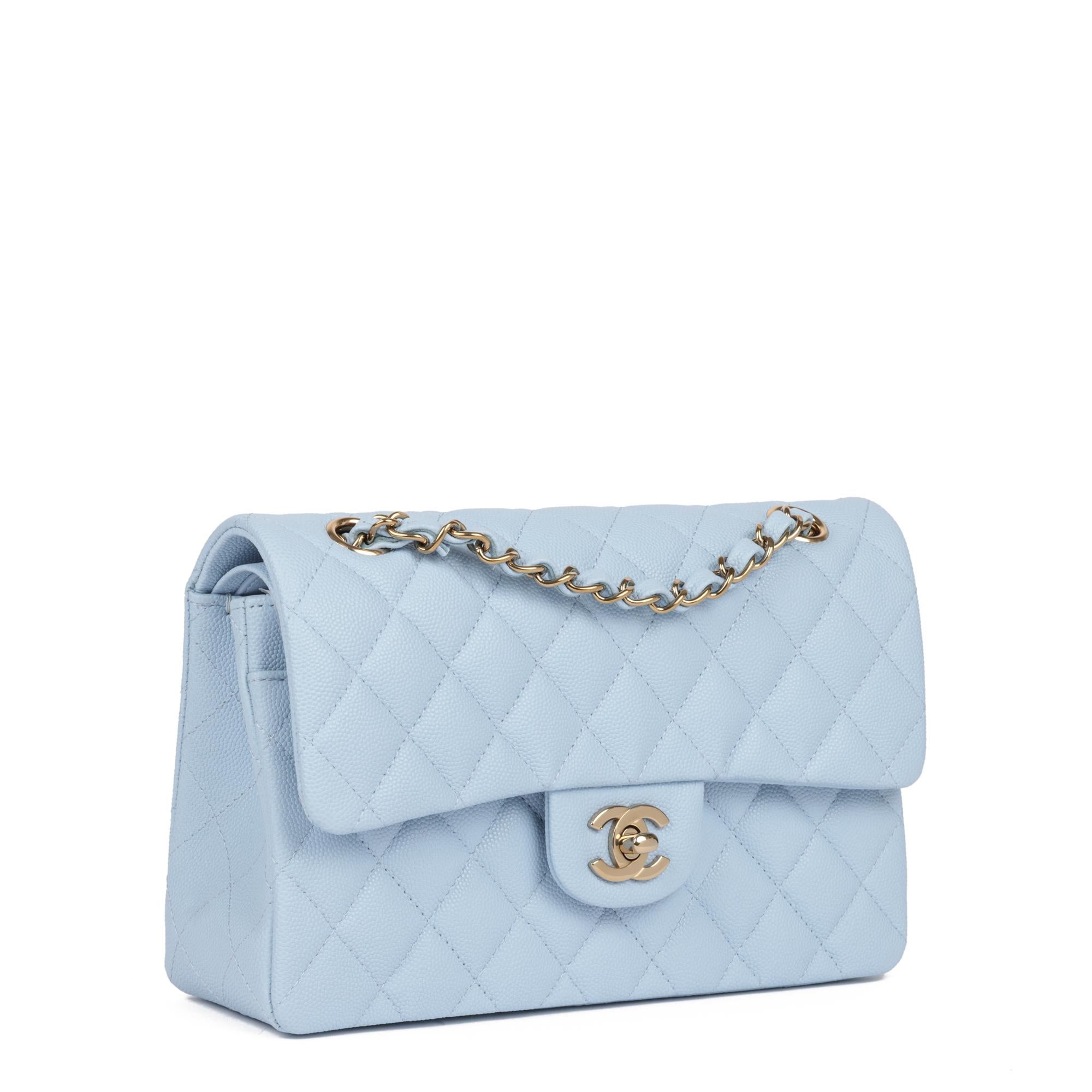 Chanel Light Blue Quilted Caviar Leather Small Classic Double Flap Bag

CONDITION NOTES
The exterior is exceptional condition with no signs of use.
The interior is in exceptional condition with no signs of use.
The hardware is in exceptional