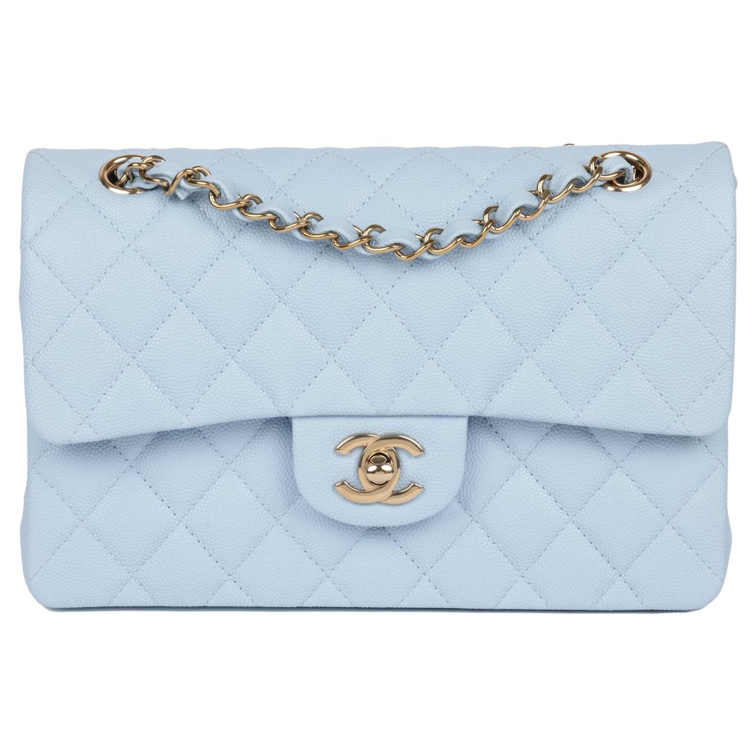 Chanel Light Blue Quilted Caviar Leather Small Classic Double Flap Bag For Sale