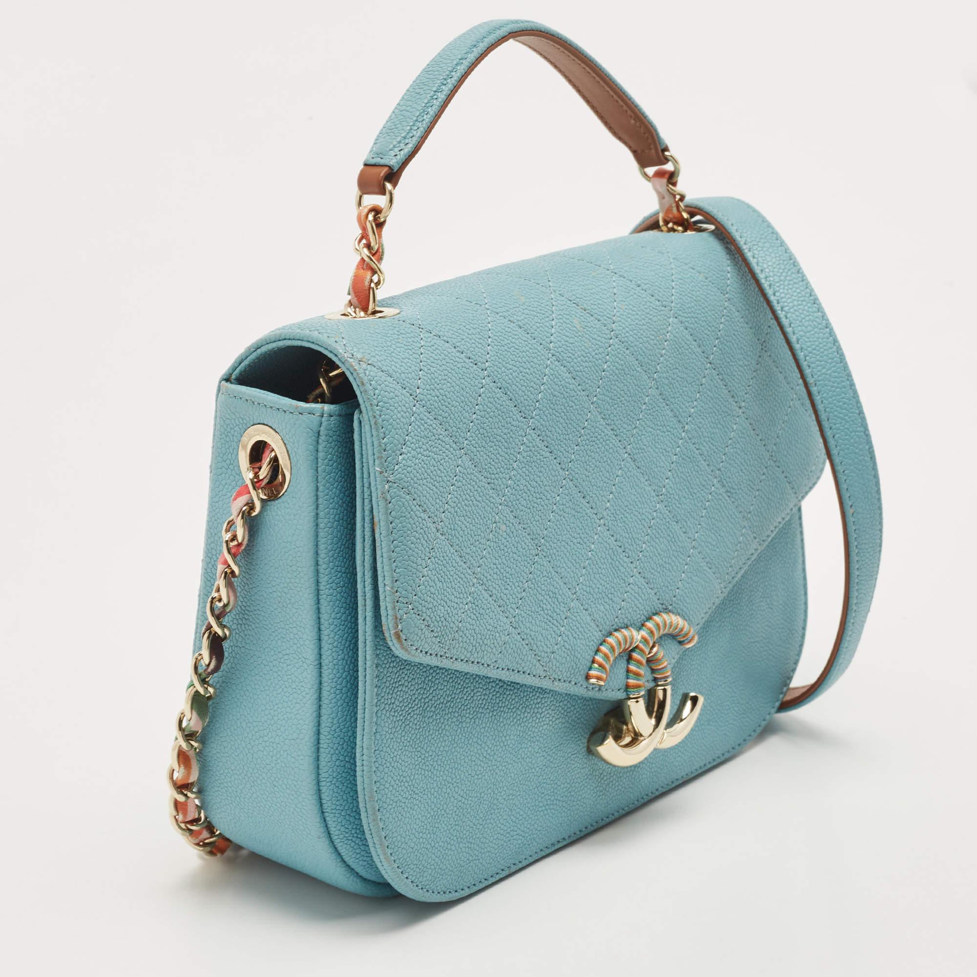Women's Chanel Light Blue Quilted Caviar Leather Small Cuba CC Flap Bag