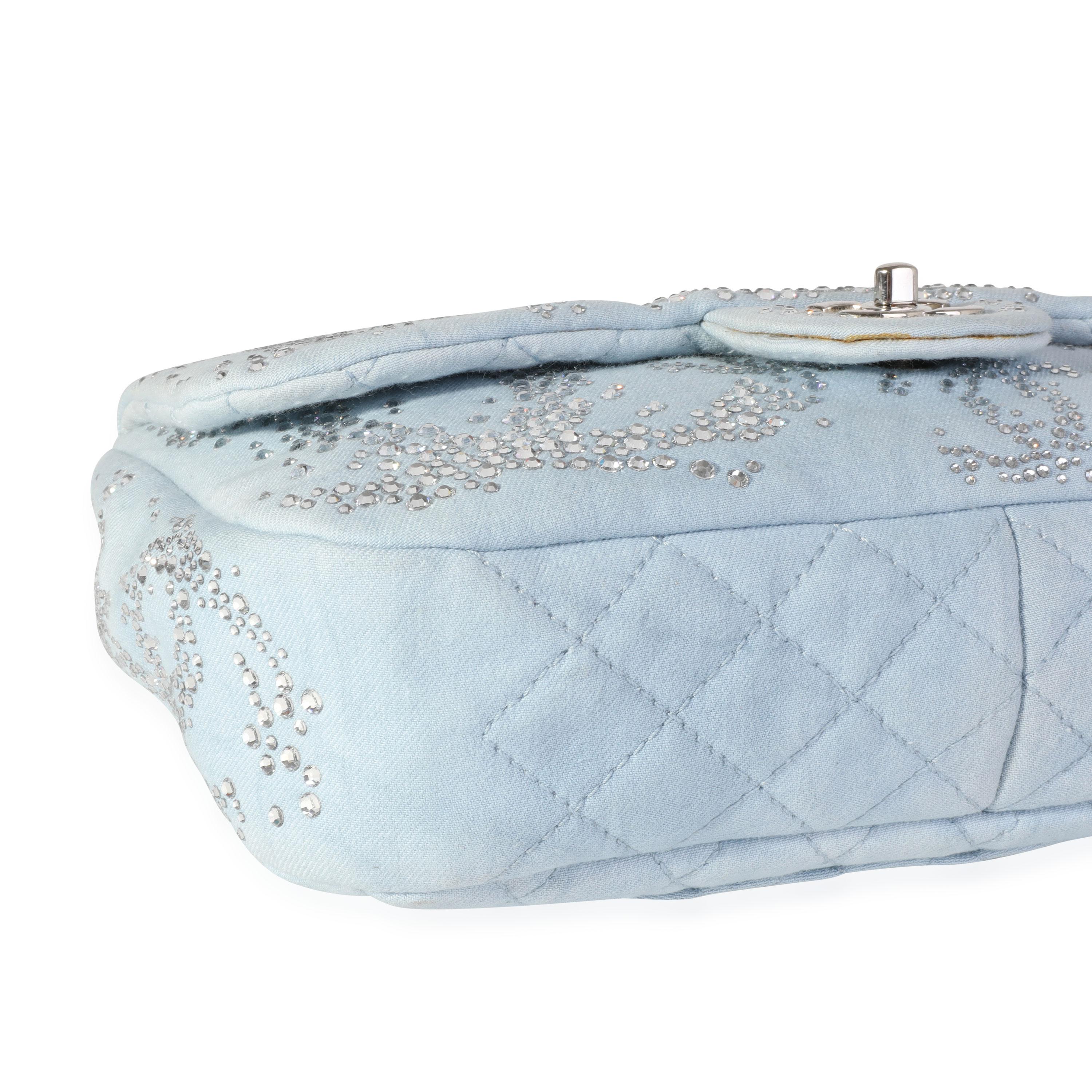 Chanel Light Blue Quilted Denim Swarovski Crystal Single Flap Bag In Excellent Condition In New York, NY