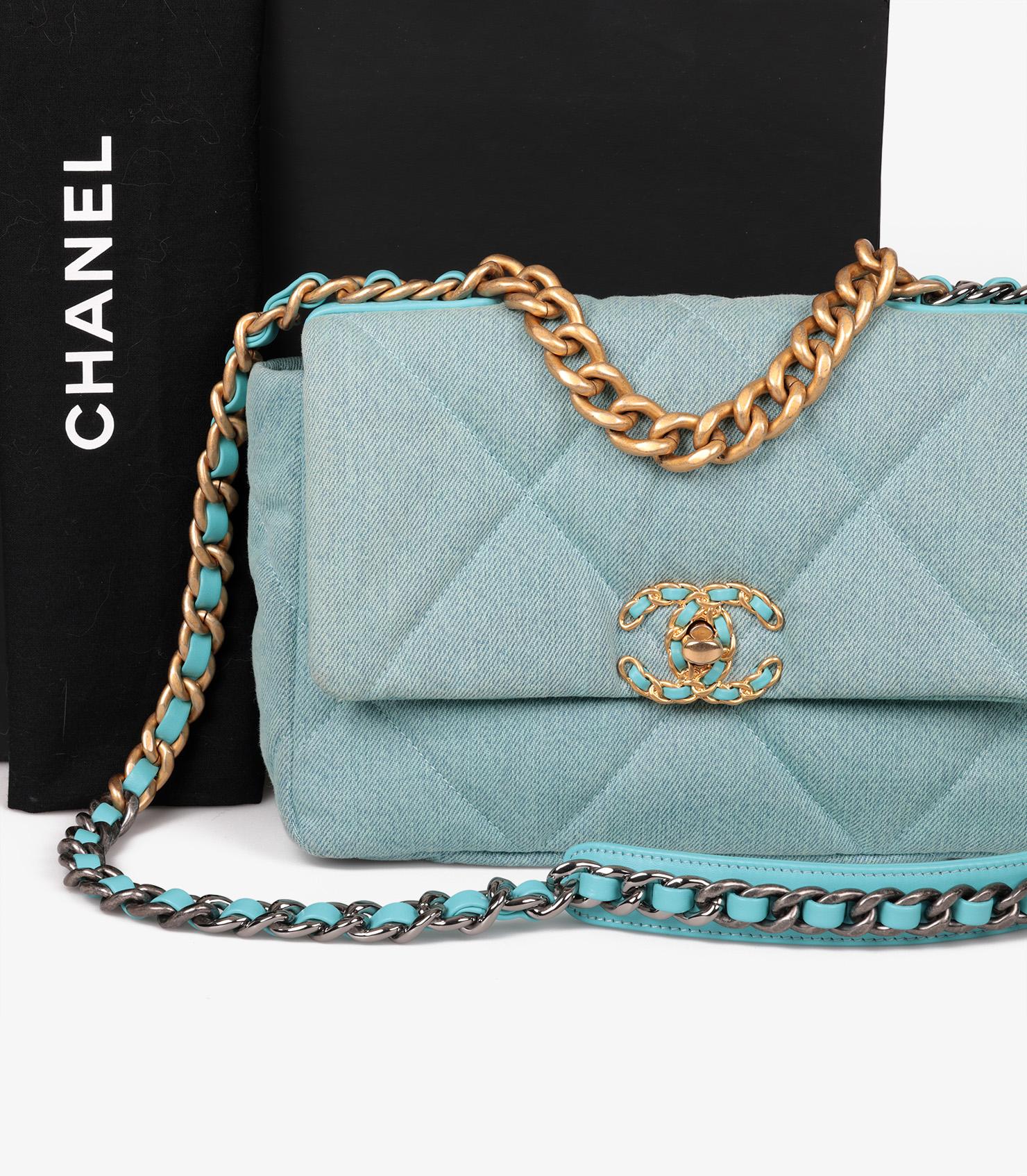 Chanel Light Blue Quilted Denim & Turquoise Lambskin Leather Small 19 Flap Bag For Sale 6