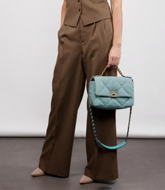 Chanel Light Blue Quilted Denim & Turquoise Lambskin Leather Small 19 Flap Bag