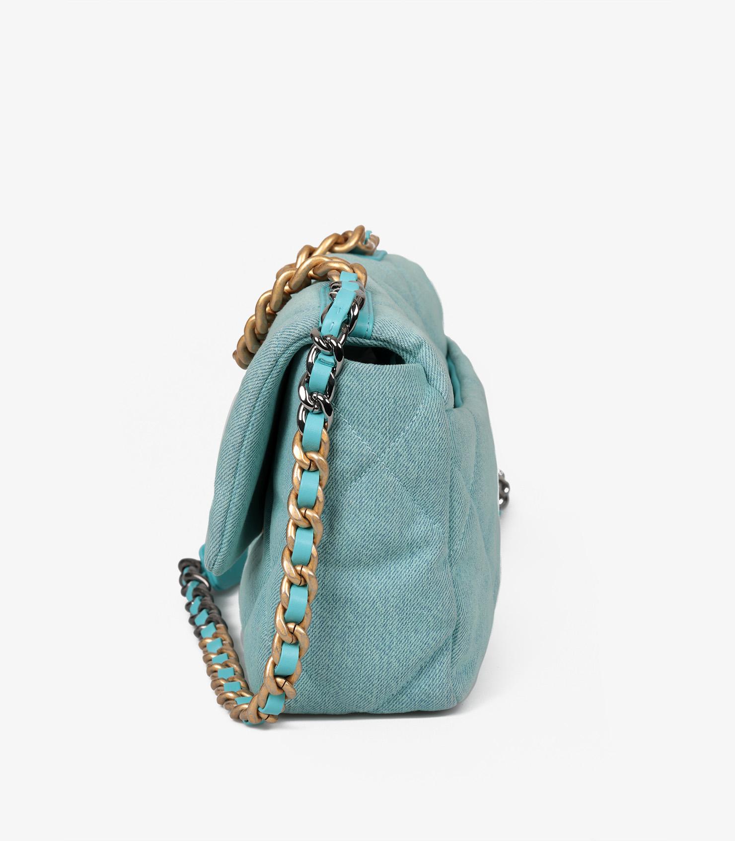 Women's or Men's Chanel Light Blue Quilted Denim & Turquoise Lambskin Leather Small 19 Flap Bag For Sale