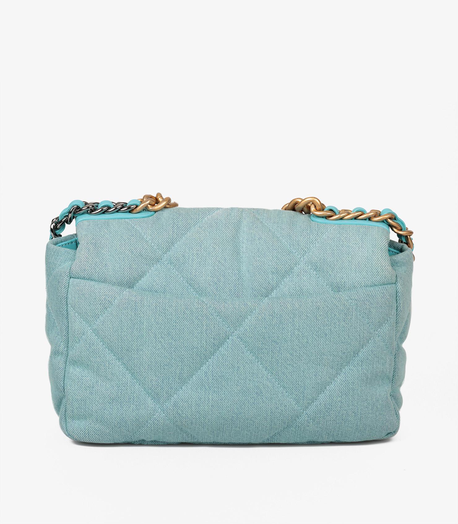 Chanel Light Blue Quilted Denim & Turquoise Lambskin Leather Small 19 Flap Bag For Sale 1