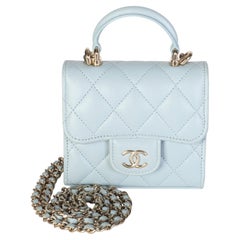Chanel Light Blue Quilted Lambskin Mini Top Handle Clutch With Chain