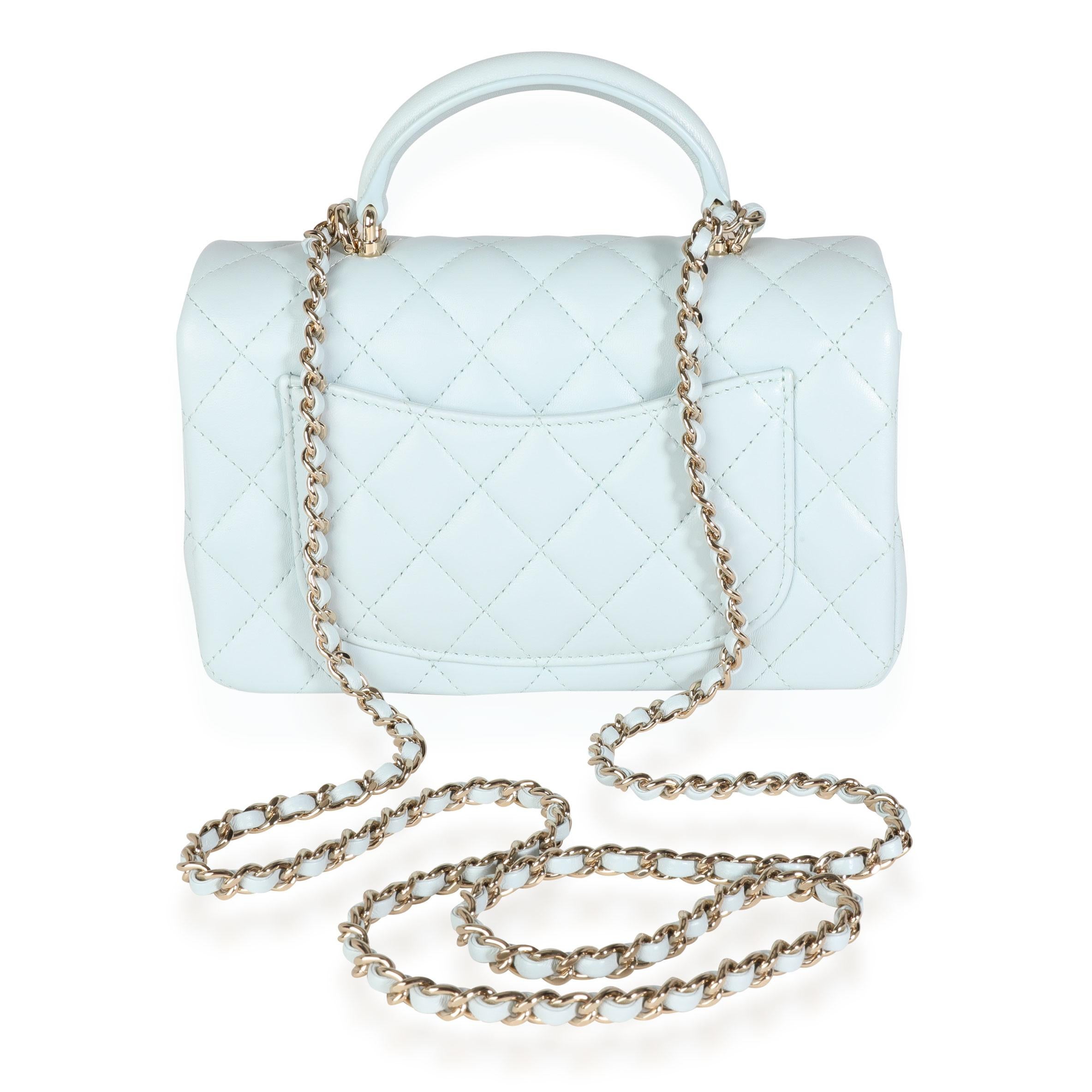 Listing Title: Chanel Light Blue Quilted Lambskin Rectangular Mini Top Handle Flap Bag
SKU: 115378
Condition: Pre-owned (3000)
Handbag Condition: Mint
Condition Comments: Mint Condition. Plastic on hardware. No visible signs of wear. Final