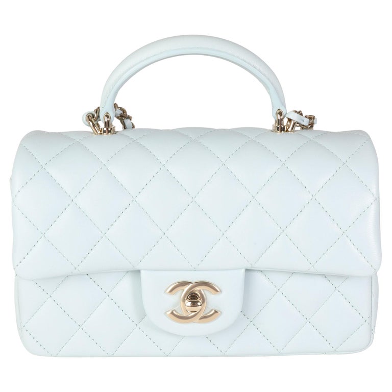 Chanel Light Blue Quilted Lambskin Rectangular Mini Top Handle Flap Bag For  Sale at 1stDibs | chanel mini top handle lambskin, light blue chanel bag