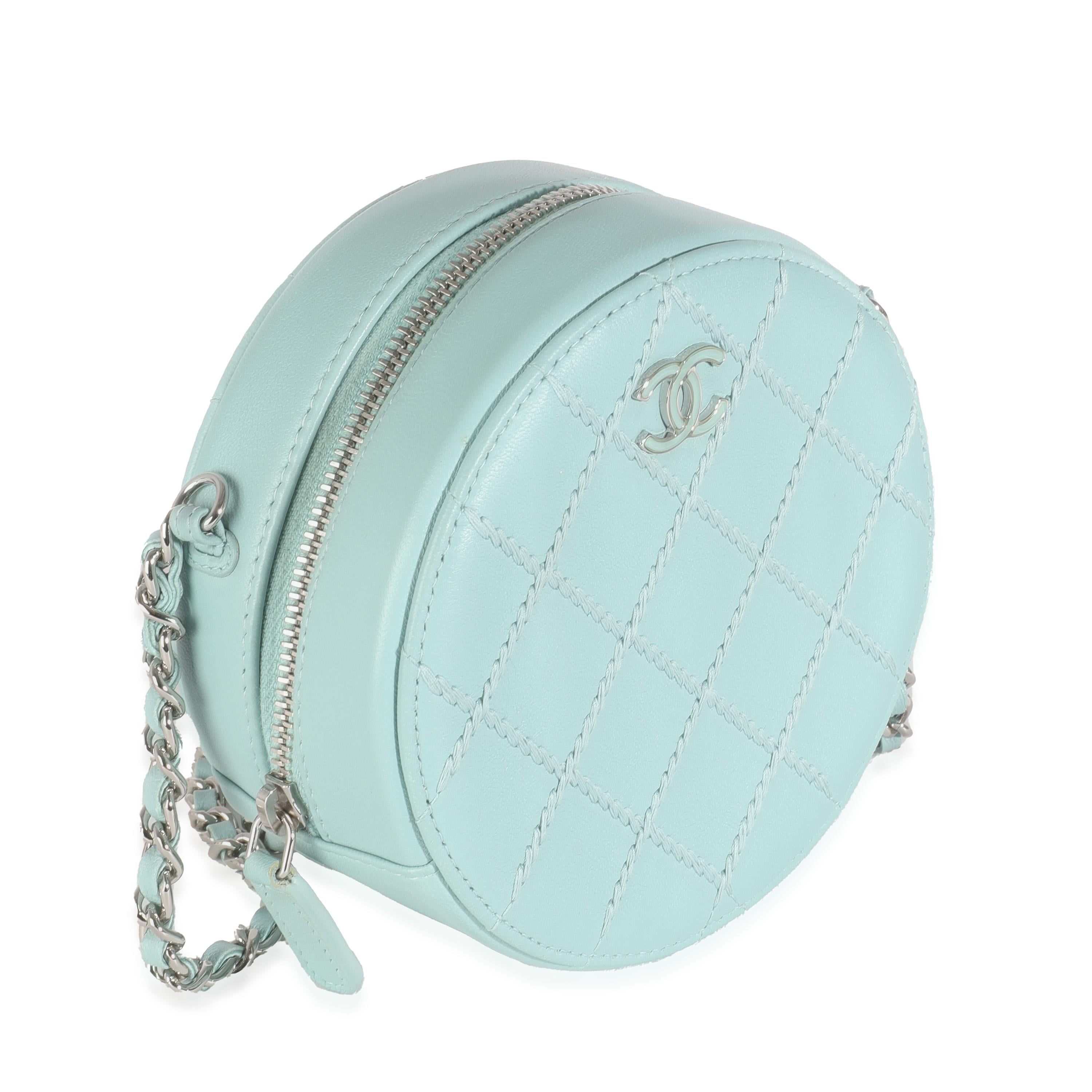 Chanel Light Blue Quilted Lambskin Round Clutch On Chain In Excellent Condition In New York, NY