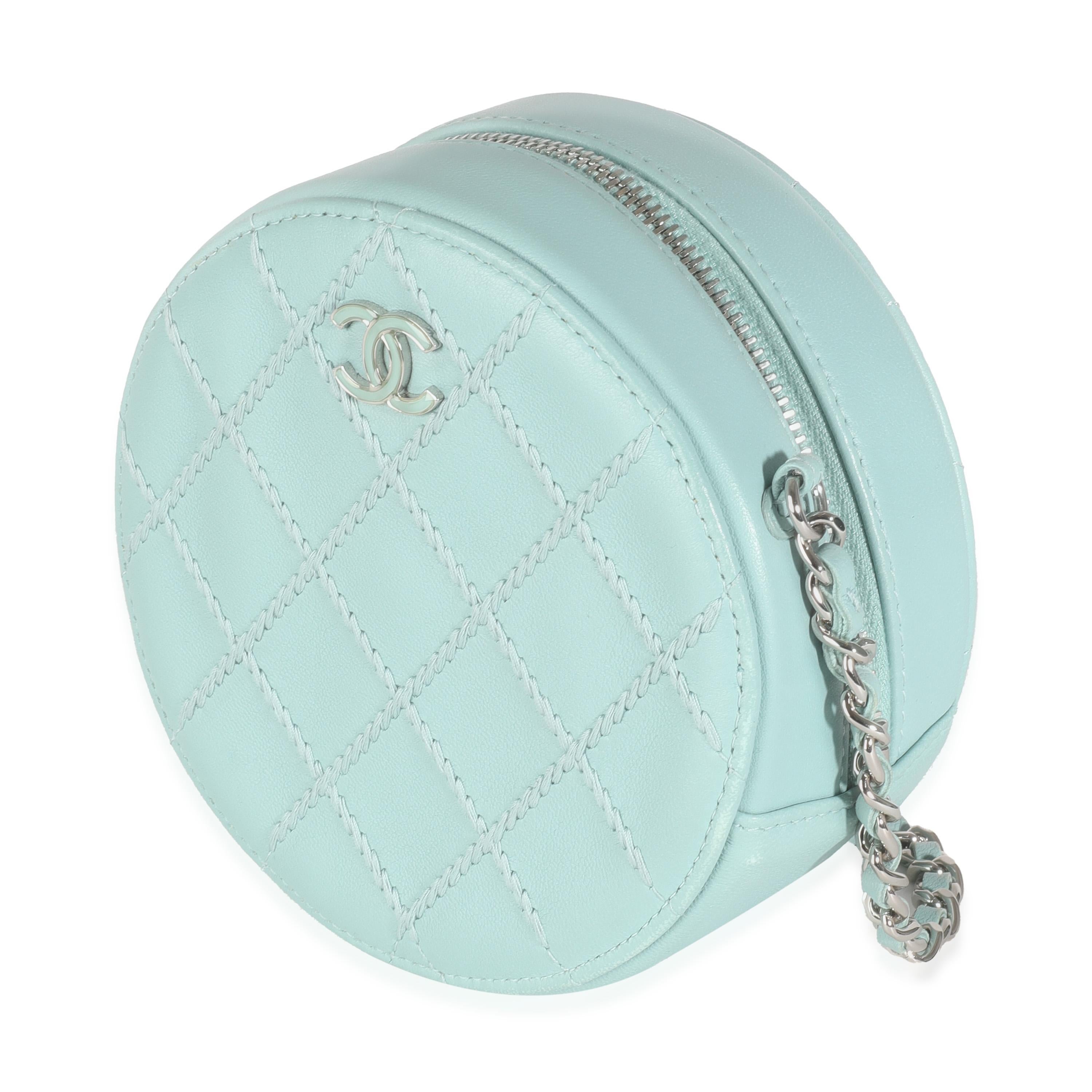 Women's or Men's Chanel Light Blue Quilted Lambskin Round Clutch On Chain