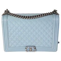 Chanel Light Blue Quilted Patent Leather Large Boy Bag