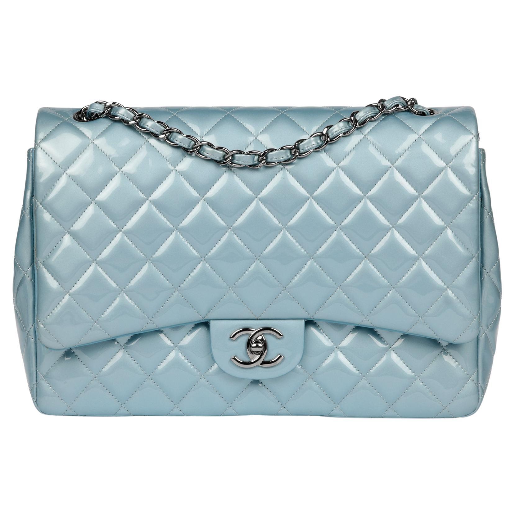 Chanel  Light Blue Quilted Patent Leather Maxi Classic Double Flap Bag in vendita